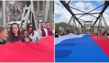 Na mostu Bratoljub preko reke Drine spojene zastave Srpske i Srbije