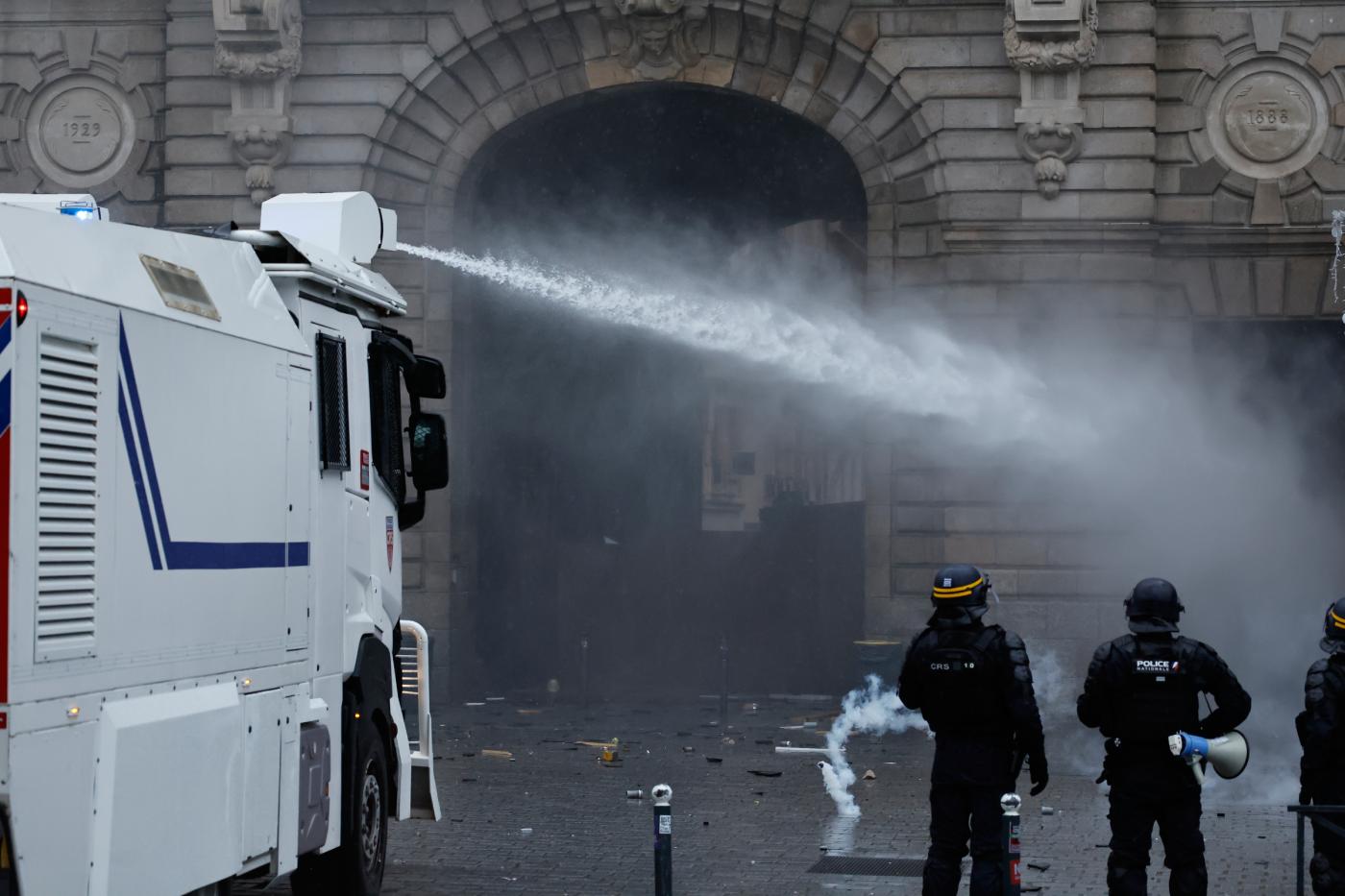 Police use a water cannon after a demonstration against rising living costs in Rennes, France, Saturday, Oct. 24, 2026. (AP Photo/Jeremias Gonzalez)